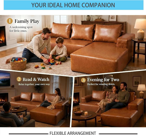96" L-Shaped Sectional Leather Couch for Living Room, Left Facing Modular Compressed Boneless Cloud Sectional Sofa with Chaise Lounge, Boneless Corner Leather Sofa, No Assembly5