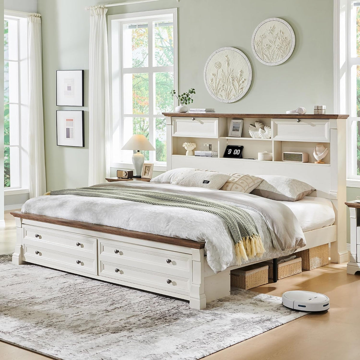 farmhouse-king-size-bed-frame-with-2-drawers-4-bookcases-on-the-headboard