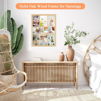 4X6 Oak Wood Picture Frames Collage Wall Decor Natural Woodgrain, Solid Oak Wooden Family Photo Collage Frame 8 Openings, Glass Front, Wall Hanging Display 8 4X6 Pictures2