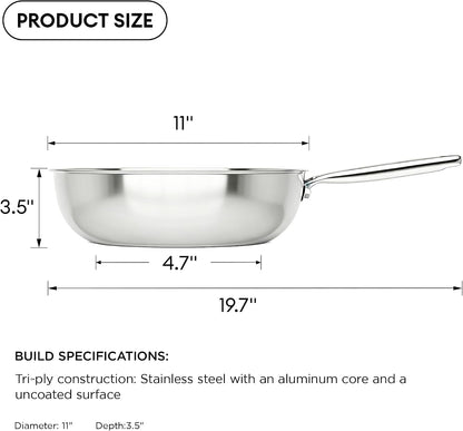 11" Wok Pan with Lid, Stainless Steel Deep Skillet for Stir-Fry | Non-Toxic Uncoated Cookware, Flat Bottom, Oven Safe, Induction Ready, Stay-Cool Handle, 3-Ply Stainless Steel Clad8