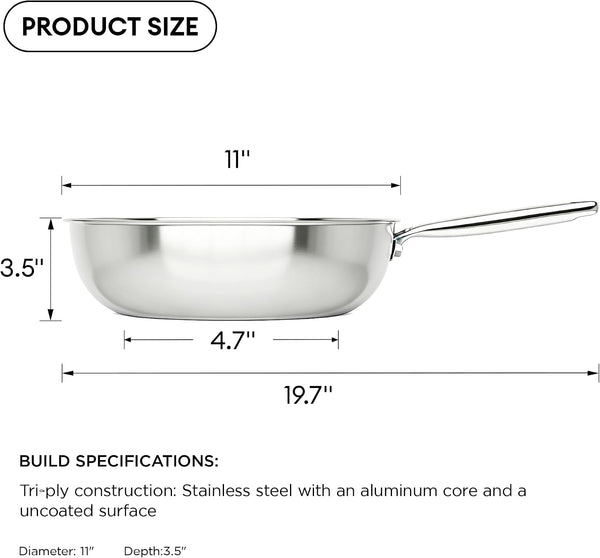 11" Wok Pan with Lid, Stainless Steel Deep Skillet for Stir-Fry | Non-Toxic Uncoated Cookware, Flat Bottom, Oven Safe, Induction Ready, Stay-Cool Handle, 3-Ply Stainless Steel Clad8