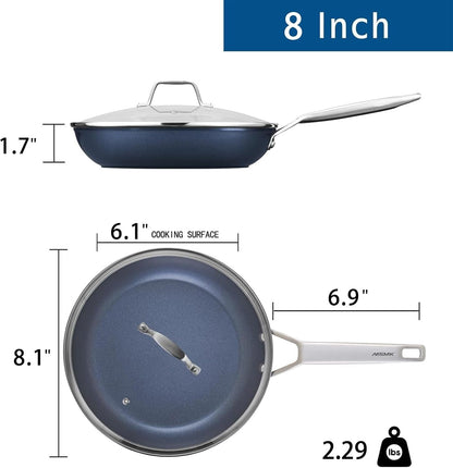 8 Inch Small Nonstick Frying Pan with Lid, Blue Egg Omelet Skillet | Non Toxic, Even Heating, Easy Clean, Dishwasher & Oven Safe, Suitable for Gas & Electric & Induction Stoves, Stainless Steel4