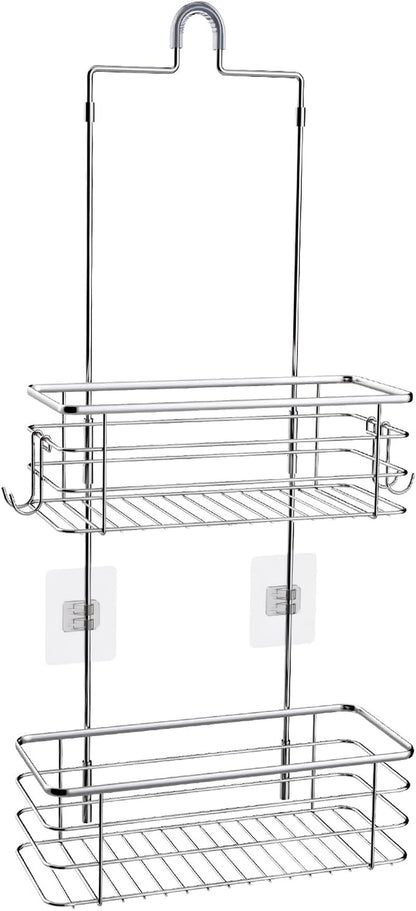 Hanging Shower Caddy, Stainless Steel, 2-Tier Bathroom Organizer Rack over Shower Head with 2 Hooks for Razor and Sponge1