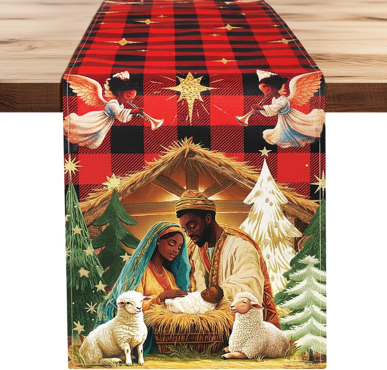 african-american-religious-christmas-table-runner-buffalo-plaid-black-jesus-nativity-scene-table-runner-for-home-decoration-xmas-winter-holiday-kitchen-decor-13-x-72