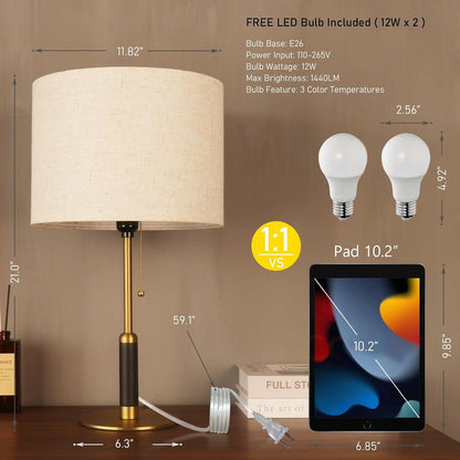 21" Set of 2 Mid Century Modern Table Lamp with Pull Chain Switch, 3-Color Bedside Lamps for Bedroom Living Room, Solid Wood/Metal/Fabric Nightstand Lamp for Home Office (Light Brown+Brass)2