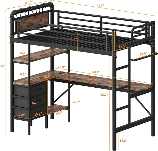 Twin Size Loft Bed with L-Shaped Desk, LED Lights,Charging Station, Industrial Heavy Duty Metal Loft Bed Frame with 3 Storage Shelves and 3 Fabric Drawers, Safety Guard & Ladder, Vintage Brown2