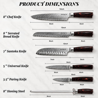 6 Piece Japanese Kitchen Knife Set, VG10 Core Damascus Knives | Professional Chef Knife Set, Ultra Sharp 67-Layer Forged Steel, 15° Edge, Ergonomic Pakkawood Handles and Gift Box7