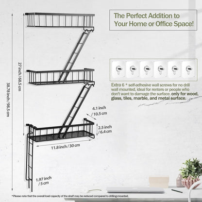 Fire Escape Wall Shelf - New York Decorative Ladder Shelf, Wall Art Floating Shelf Black Metal Shelves for Bedroom, Home Office Storage and Display (3-Tier)2