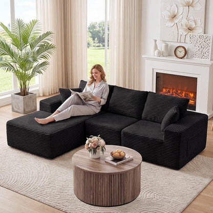 110" Boneless Cloud Sectional Couch for Living Room, L Shaped 3 Seater Modular Corduroy Sofa with Chaise, Deep Seated Oversized Boneless Couches, Compressed Sofa in a Box, No Assembly, Black7