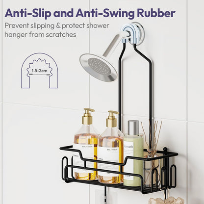 Bathroom Shower Caddy Hanging - Extended Length 2 Tier Rustproof over Shower Head Organizer, No Drilling Bathroom Shelf with 14 Hooks & Soap Holder, Anti-Swing Rack, Black, Medium4
