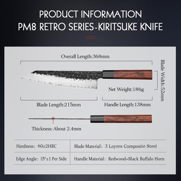 '- 8.5” Chef Knife, 3 Layers High Carbon Clad Steel Kiritsuke Knife, Composite Forging Steel, Professional Japanese Kitchen Knife, Redwood Octagonal Handle with Wooden Knife Sheath2