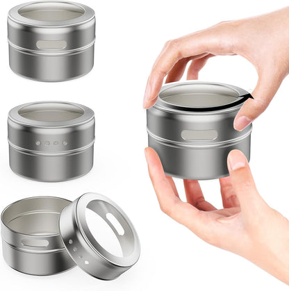 Set of 16 Magnetic Spice Tins with 4 Metal Wall-Plates,100 Preprinted Seasoning Label Stickers,2 Styles for 3 Oz Herb Jars4