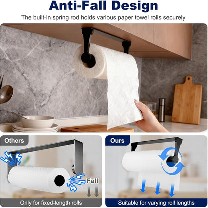 Black Paper Towel Holder under Cabinet, Adhesive Paper Towel Holder Wall Mount Toilet Roll Holders Rack for Kitchen Bathroom Garage Counter, Anti-Drop Upgraded Telescopic Rod Design Roll3