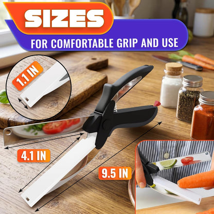 2 in 1 Kitchen Scissors for Food with Cutting Board, Safety Lock | Stainless Steel Cutting Board Scissors for Soft Veggies, Fruit & Cheese; Tomato Knife Alternative; 9.5"; Dishwasher Safe2