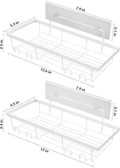 2 Pack Adhesive White Shower Caddy Organizer with Hooks, Rustproof No Drilling Wall Mounted Storage Shelf Rack for inside Shower/Bathroom/Kitchen5