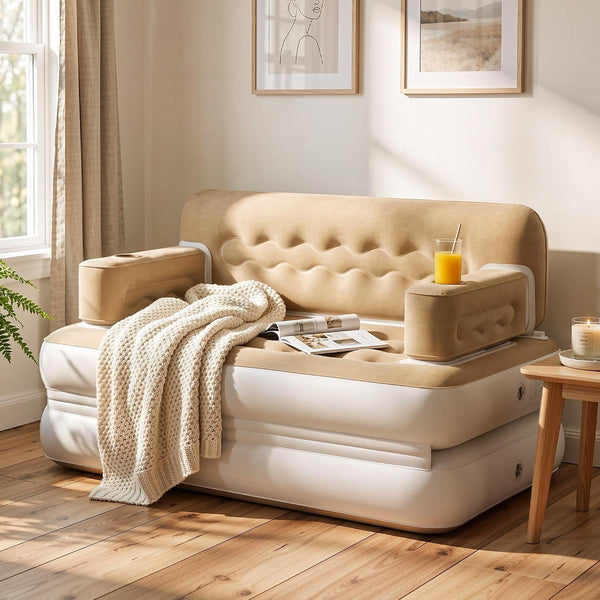 Queen Size Air Sofa Bed W/Wave Pattern Headboard & Pump - Brown2