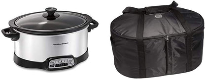 7-Quart Programmable Slow Cooker with Flexible Easy Programming, Dishwasher-Safe Crock & Lid, Silver (33473) & Travel Case & Carrier Insulated Bag (33002),Black1
