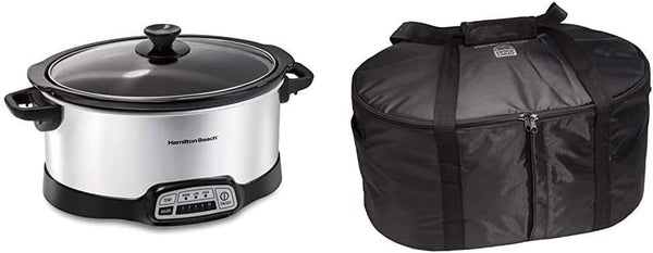 7-Quart Programmable Slow Cooker with Flexible Easy Programming, Dishwasher-Safe Crock & Lid, Silver (33473) & Travel Case & Carrier Insulated Bag (33002),Black1