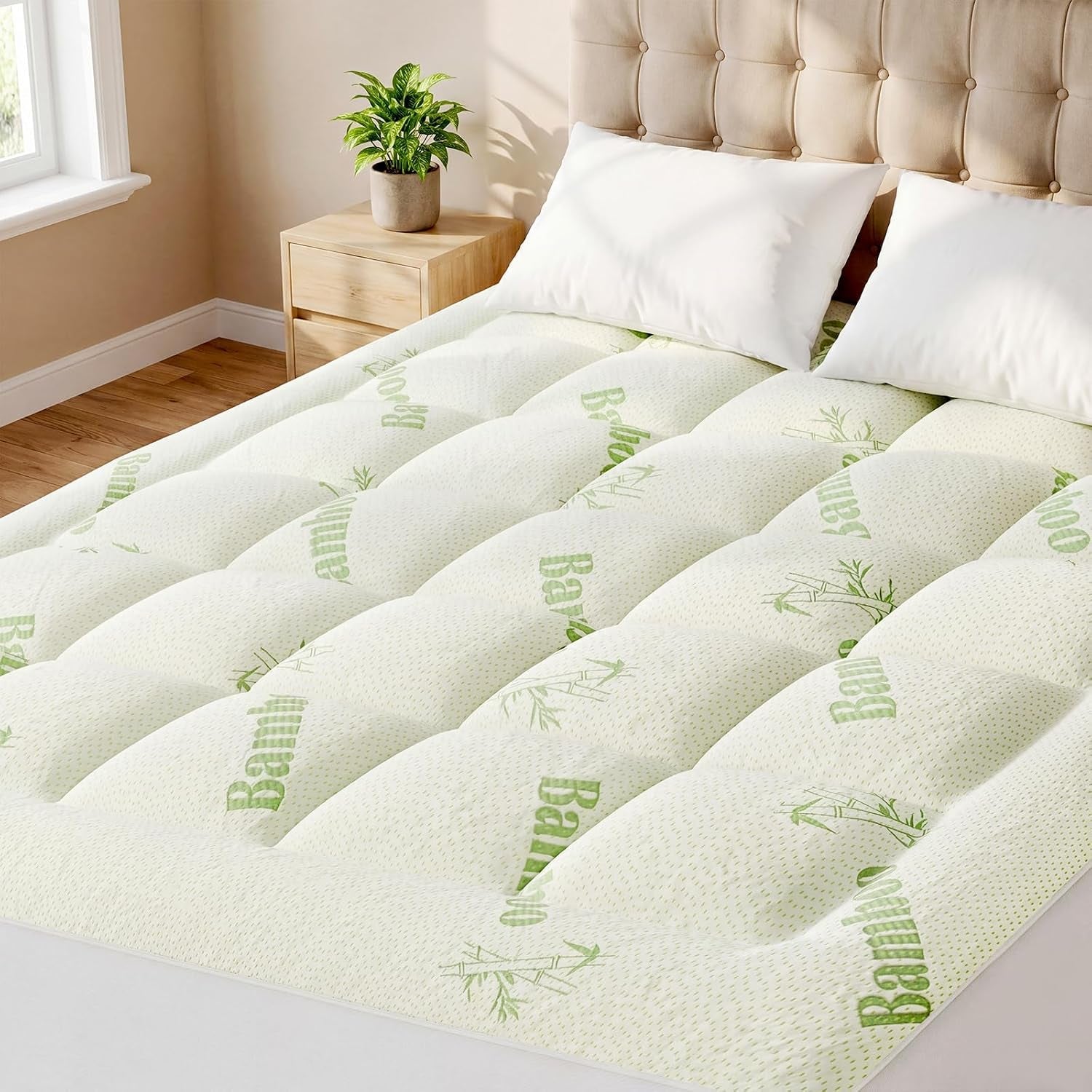 twin-mattress-topper-pillow-top-bed-topper-deep-pocket-comfort-breathable-cooling-soft-viscose-bamboo-pillow-cover-green