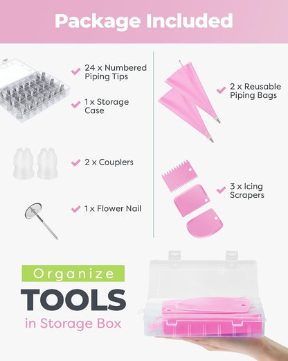 32 Piping Bags and Tips Set Frosting Piping Kit for Beginners & Pros | Storage Case, Baking Supplies Tools, 24 Icing Tips, 2 Reusable Piping Bags, 3 Scrapers, for Cupcake Cookie Cake Decorating5