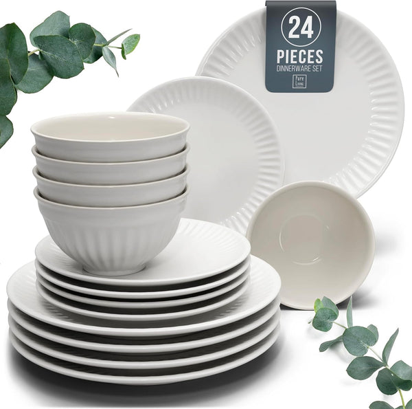 24 Piece Stoneware Dinnerware Set for 8, Handmade Plates and Bowls Set1