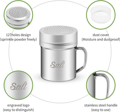 Stainless Steel Salt and Pepper Shakers Set, 10 OZ Seasoning Spice Shaker with Lid and Handle 127 Holes, Metal Dredge Shaker for Powder Sugar Cooking Kitchen Baking (2 Pieces)2