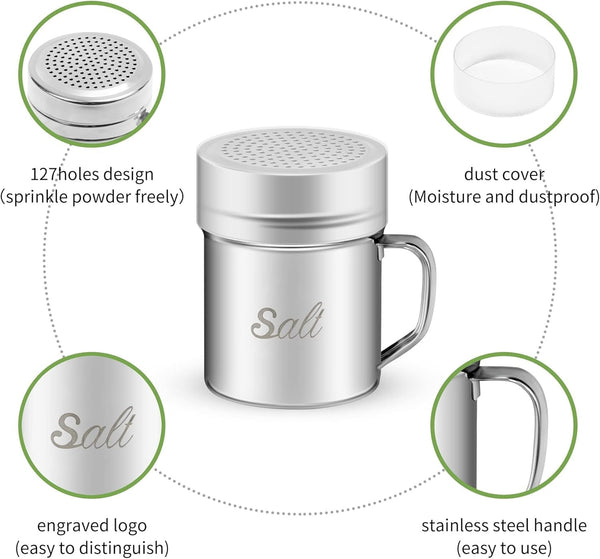 Stainless Steel Salt and Pepper Shakers Set, 10 OZ Seasoning Spice Shaker with Lid and Handle 127 Holes, Metal Dredge Shaker for Powder Sugar Cooking Kitchen Baking (2 Pieces)2