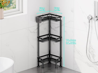 Standing Shower Caddy Corner - 3 Tier Corner Shower Organizer with Toothbrush Holder and 12 Hooks, Large Capacity Rustproof Bathroom Shelves for Tall Bottles, Black5