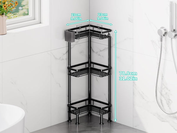 Standing Shower Caddy Corner - 3 Tier Corner Shower Organizer with Toothbrush Holder and 12 Hooks, Large Capacity Rustproof Bathroom Shelves for Tall Bottles, Black5