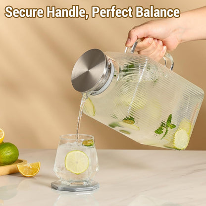1 Gallon Thickened Square Glass Pitcher with Lid, Classic Stripes Water Pitchers for Fridge, Borosilicate Glass Carafe for Hot/Cold Brew Drink, Extra Large Jug with Handle for Iced Tea, Coffee, Juice5