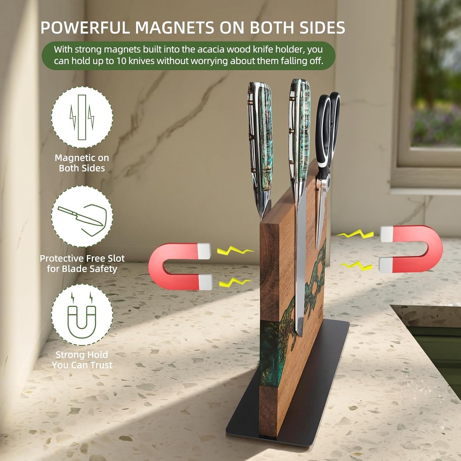 magnetic-knife-block-double-sided-knife-holder-with-strong-magnets-acacia-wood-and-golden-green-resin-countertop-kitchen-knife-storage-stand-12-10-inches-without-knives