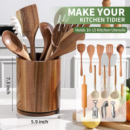 Acacia Wood Utensil Holder, 360° Rotating 7.3 in Kitchen Organizer | Rustic Farmhouse Countertop Decor. Rotating Base for Easy Access to Spatulas, Spoons, and Cooking Utensils. 7.3-Inch Capacity3