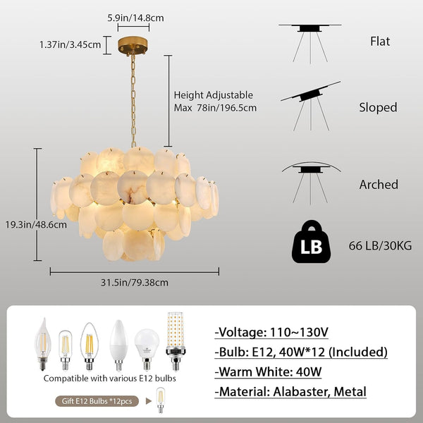 31.5" Alabaster Chandelier, Gold round Large Chandelier with Natural Stone Discs, Modern Luxury Dining Room Pendant Light Fixture for Living Room, Bedroom, Foyer4