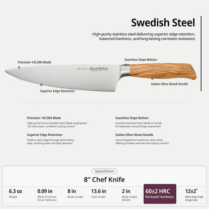 8” Chef Knife – Swedish Steel, Professional, Olive Wood4