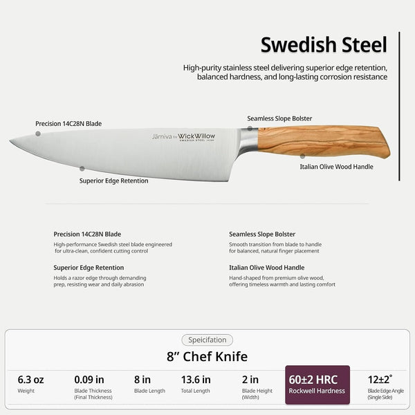 8” Chef Knife – Swedish Steel, Professional, Olive Wood4