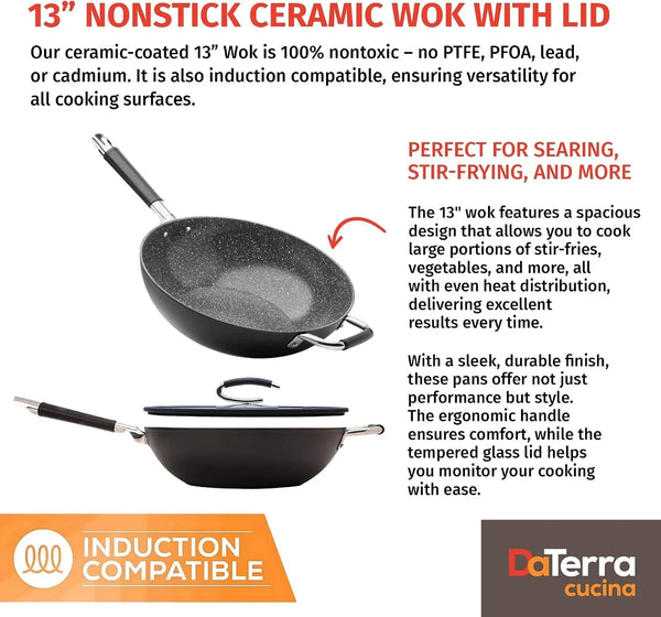 '- Nonstick Ceramic Wok with Lid - Oven & Induction Safe, 13" | Italian Crafted Cookware, PTFE, PFOA Free, Tempered Glass Lid, Oven Safe up to 450°F, Even Heat Distribution, Easy Cleanup2