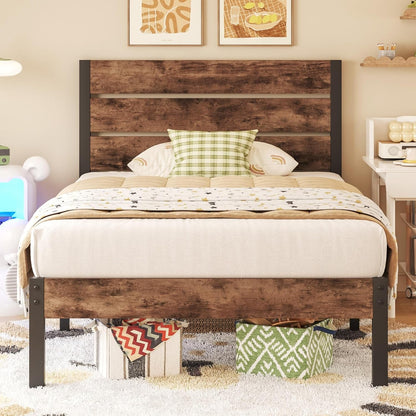 Twin Bed Frame with Headboard and Footboard, Metal Twin Bed Frame with under Bed Storage, All-Metal Support System, No Box Spring Needed, Easy Assembly,Rustic Brown1