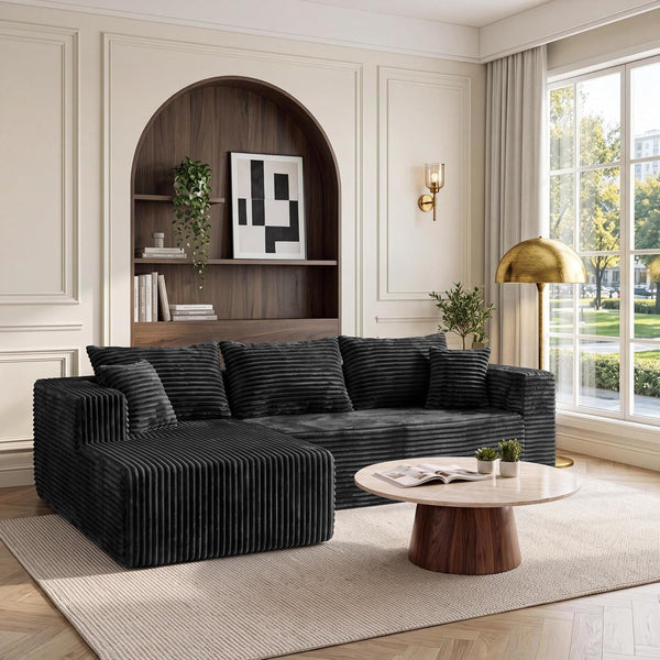 Boneless Modular Sectional Couch, L Shaped Corduroy Cloud Sofa with Oversized Chaise, Deep Seat Spineless Sofa, No Assembly Required (Black, 92.5" L-Shape with Left Facing Chiase)1