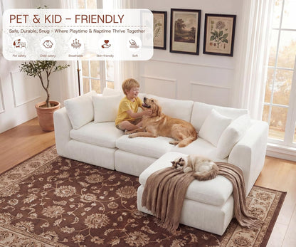 110'' Oversized Boneless Cloud Couch for Living Room, Modern Big Sectional Compressed L Shape Couch with Ottoman, Comfy Chenille Deep Seat Memory Foam Spineless 4 Seater Sofa, Beige7