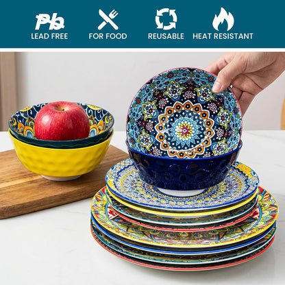 12 Pieces Dinnerware Sets, Ceramic Plates and Bowls Set, Microwave and Dishwasher Safe, Scratch Resistant, Bohemian Style Dishware Set, Service for 45