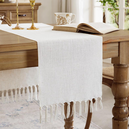 Cotton Linen Table Runner, 13X72 Inch, off White with Hand Tassels1