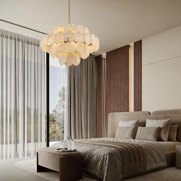 31.5" Alabaster Chandelier, Gold round Large Chandelier with Natural Stone Discs, Modern Luxury Dining Room Pendant Light Fixture for Living Room, Bedroom, Foyer9