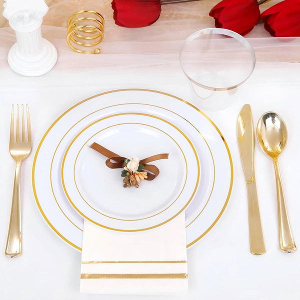 350PCS White and Gold Plastic Plates Dinnerware Set for Wedding4
