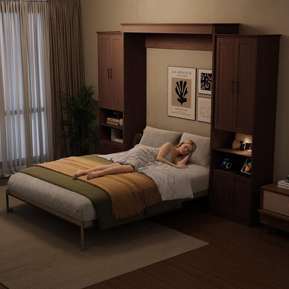 Murphy Bed Queen with 2 Storage Cabinets and USB Port, Walnut8