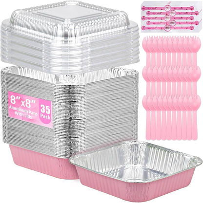 (35-Pack) Pink 8X8 Inch Disposable Aluminum Pans with Plastic Lids,Stickers and Cake Spoons,Square Cake Pans for Parties,Baking Trays,Foil Pans for Holiday Cooking, Parties Meal Prep, Storage1
