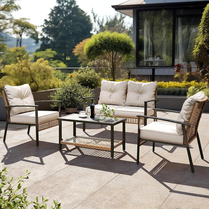 4-Piece Patio Conversation Set, Comfortable Oversized Outdoor Furniture Set with Soft Cushion and Storage Metal Coffee Table for Backyard, Porch, Garden and Poolside, Beige2