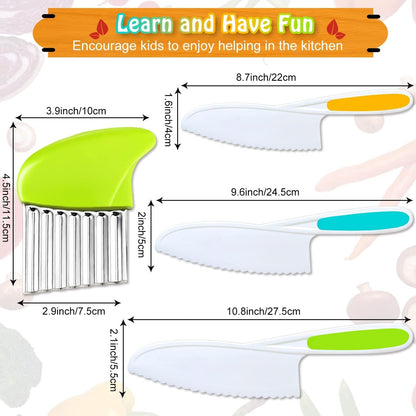 4 Pcs Kids Knife Set, Kids Kitchen Knife with Crinkle Cutter, Serrated Edges Plastic Toddler Chef Knife for Real Cooking & Cutting Fruit Bread3