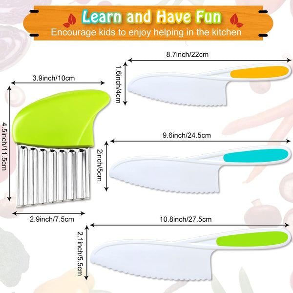 4 Pcs Kids Knife Set, Kids Kitchen Knife with Crinkle Cutter, Serrated Edges Plastic Toddler Chef Knife for Real Cooking & Cutting Fruit Bread3