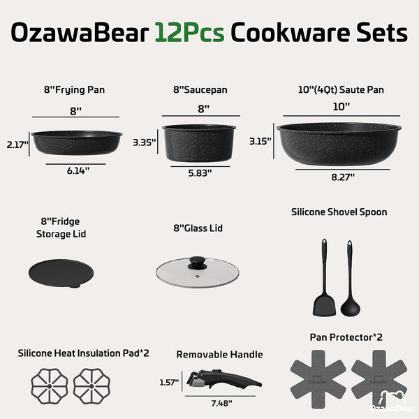 12 Pcs Pots and Pans Set Non Stick, Ceramic Cookware Set Non Toxic with Detachable Handles, Healthy Induction Cookware Oven Safe RV Kitchen Set, PFAS PFOA & PTFE Free, Black2