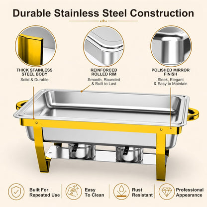 4Pack Rectangular Chafing Dishes for Buffet,Total 36QT Set with 7 Food Pans | Versatile 7 Pan Setup ,450°F Oven-Safe Pans,Hot Cold Food Service,Bonus Tongs,Easy Assembly Storage,Elegant Gold Finish7